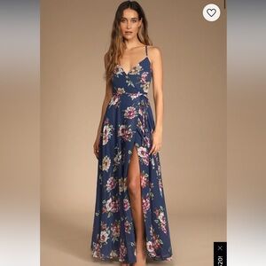 Lulus Always There For Me Navy Blue Floral Print Wrap Maxi Dress